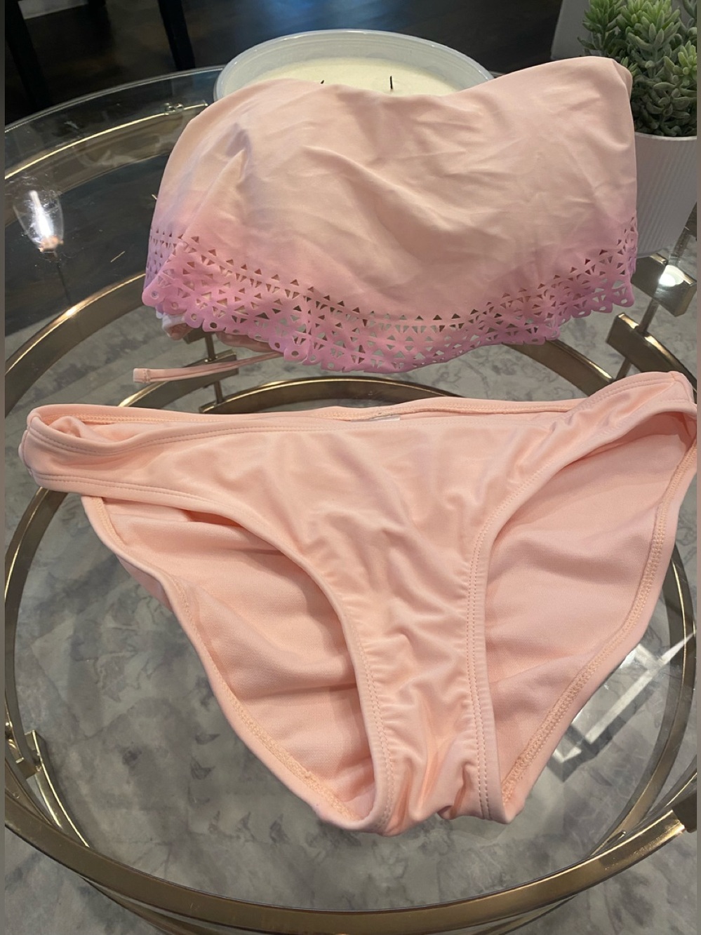 Xhilaration Light Pink/peach with lilac edge bandeau Bikini Set - size large